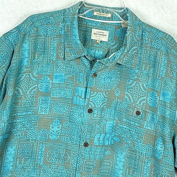 QuikSilver Waterman Hawaiian Camp Shirt Mens XXL Green Gray Aztec AOP Aloha - Picture 2 of 8